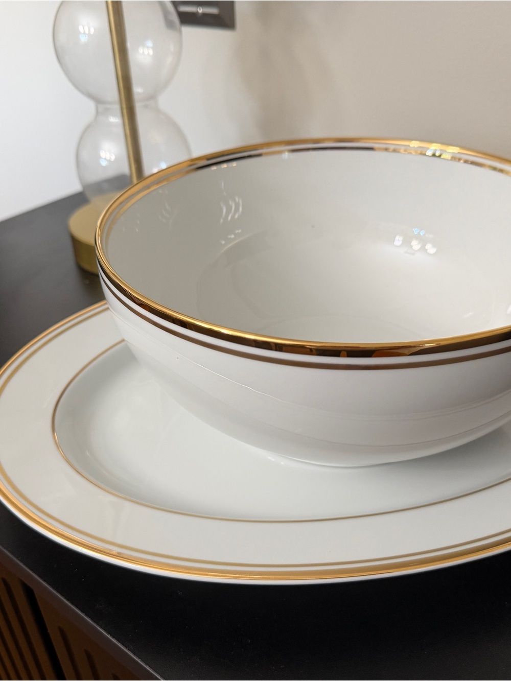 Ralph Lauren Wilshire White Porcelain Bowl and Serving Platter with Gold Trim